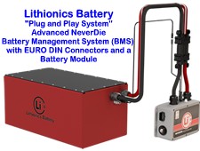 Lithionics Battery external NeverDie Battery Management System (BMS) box connected to a Lithionics lithium-ion battery module