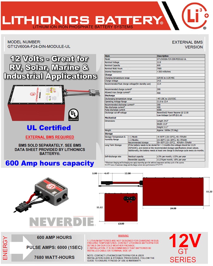 Compact 12 Volt 600 Amp hour high perforamce Lithionics Battery lithium-ion battery that connects to an external BMS for RVs of all makes