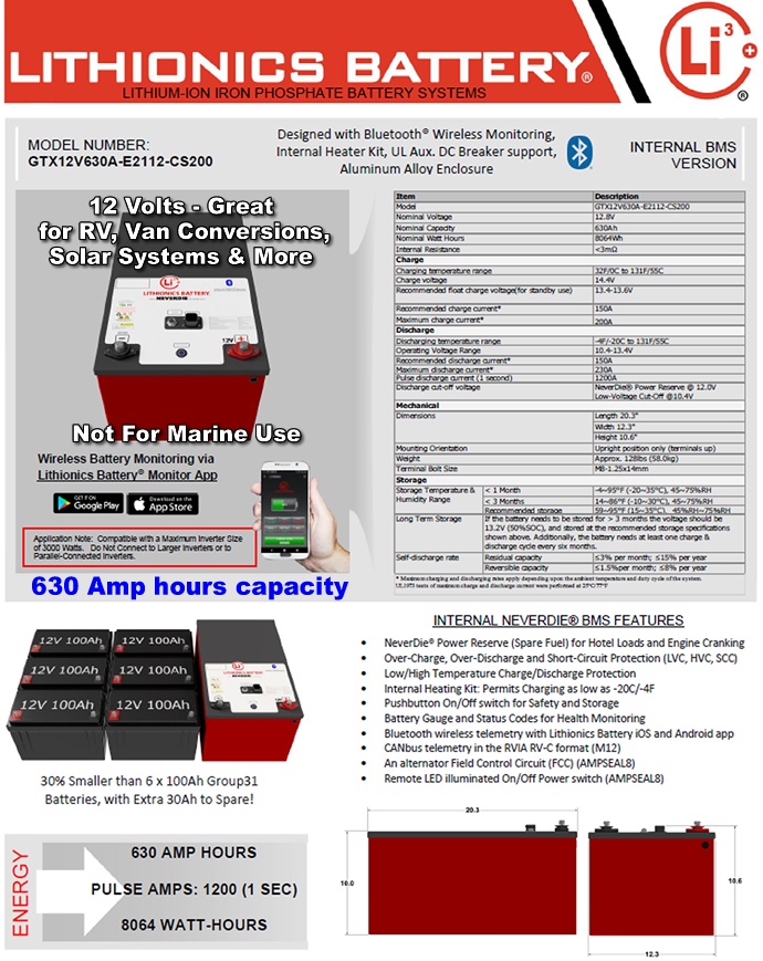 Compact 12 Volt 630 Amp hour high perforamce Lithionics Battery lithium-ion battery with internal BMS for RVs of all makes